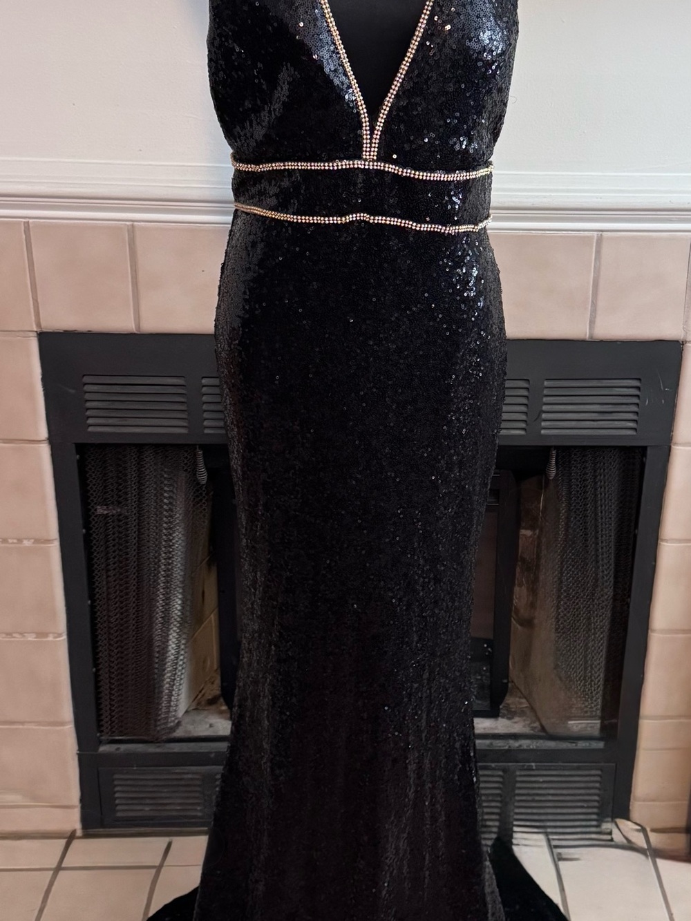 Fashion Nova Black Sequin Party Dress with Gold “Crystal” Accents
